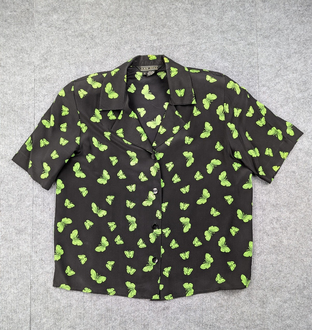 Vintage Silk Button Up Blouse Women Small Whimsical 90s Butterfly Novelty Phoebe